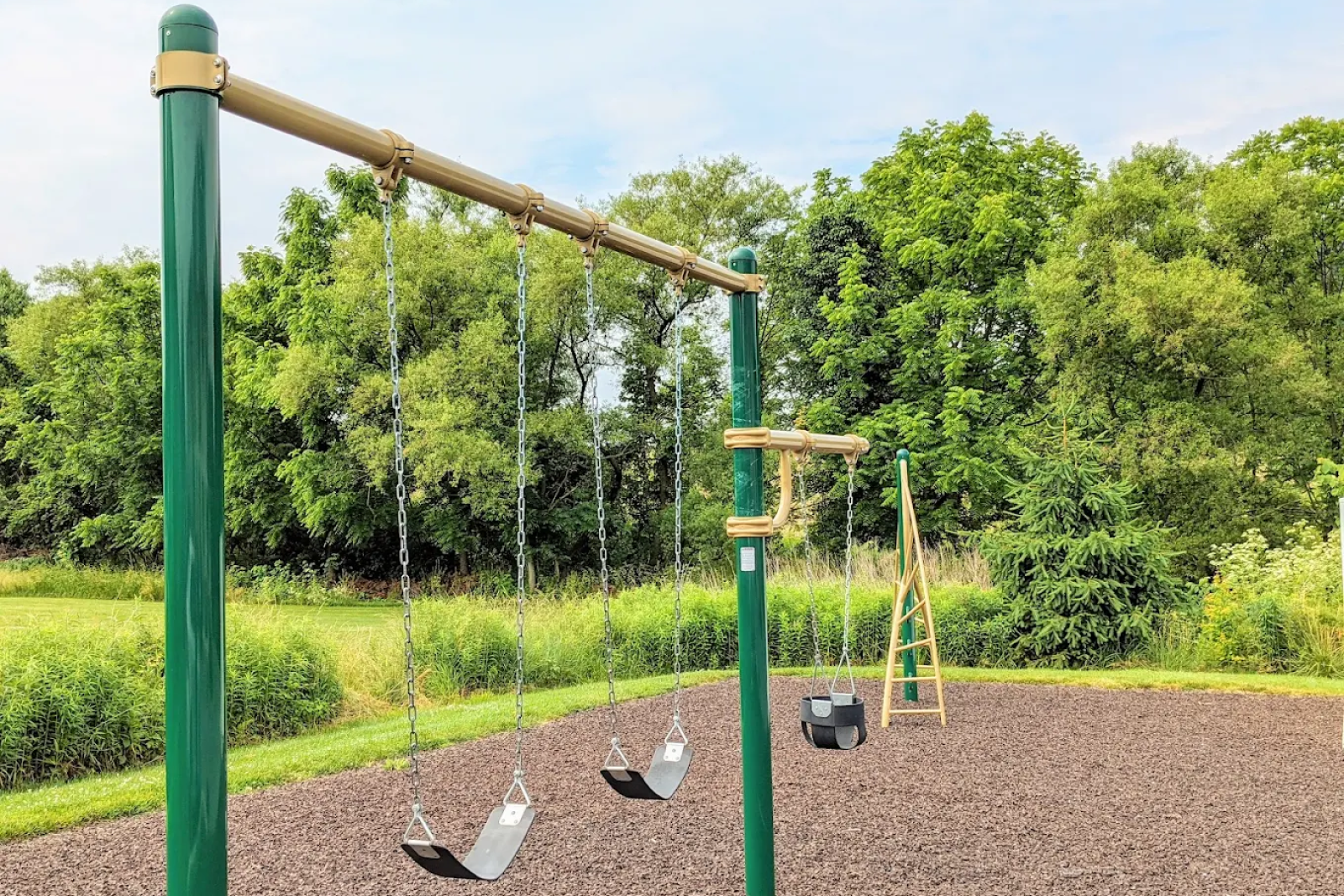 playground at Hunters Pointe, featuring a green and tan swing set with standard and toddler swings set against a scenic backdrop of lush trees and grassy landscape.